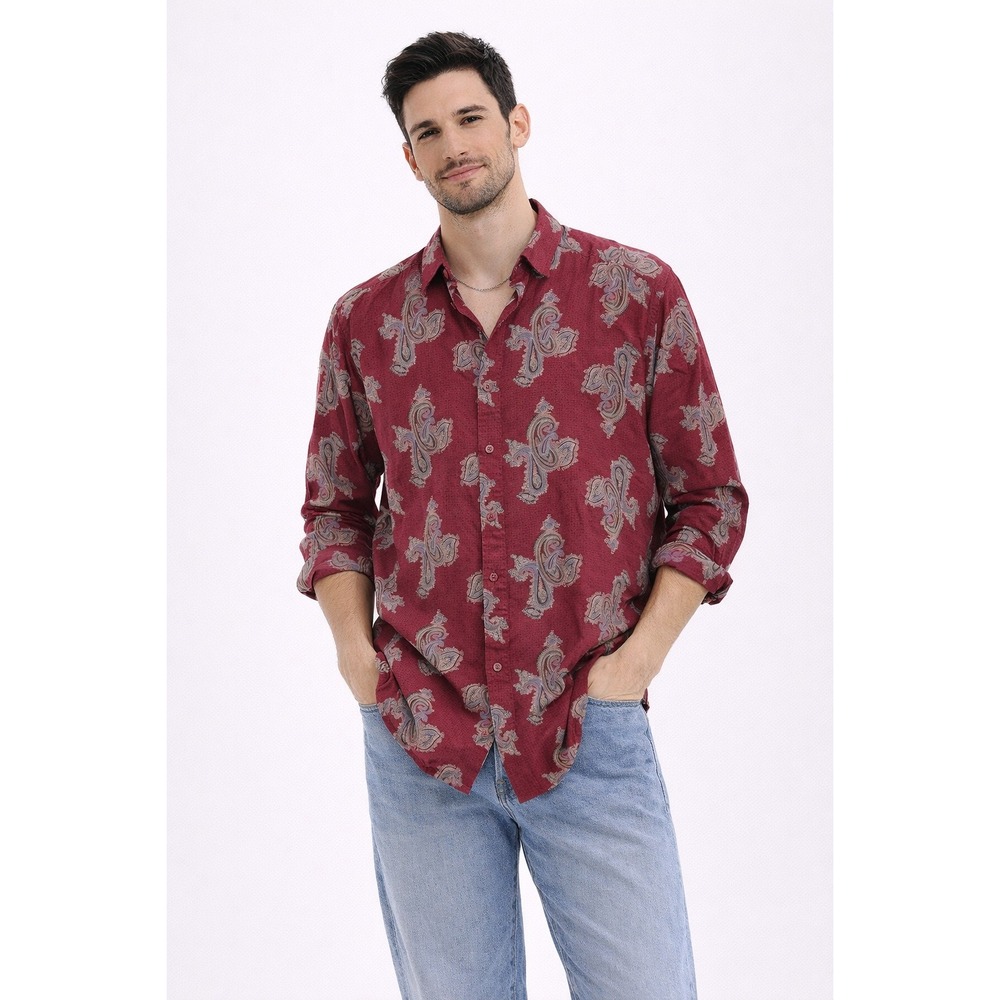 Krazy Kat Button Down Shirt‎ Mens Small Red Paisley Long Sleeve Vintage Boho